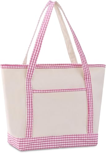 Gingham Tote Bag for Women | Durable Canvas, Zipper Closure, Large Capacity, with Pocket, for Daily, Work, Travel, Shopping