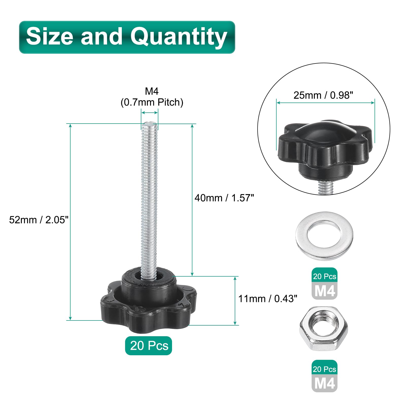 uxcell 20pcs Star Clamping Knobs with Nuts Washers, M4 x 40mm Metric Zinc Plated Carbon Steel Male Thread 25mm 6-Star Plastic Head, Threaded Stud Hand Knobs Handles Thumb Screws, Black