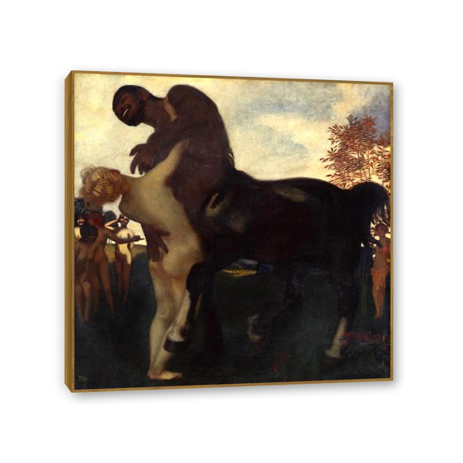 Hau3sh3a Framed Franz Von Stuck Wall Art Print Centaur Und Nymphe Symbolism Canvas Poster Famous Artwork Wall Decor For Living Room Bathroom Office 60X60cm(24X24in) Teak Frame