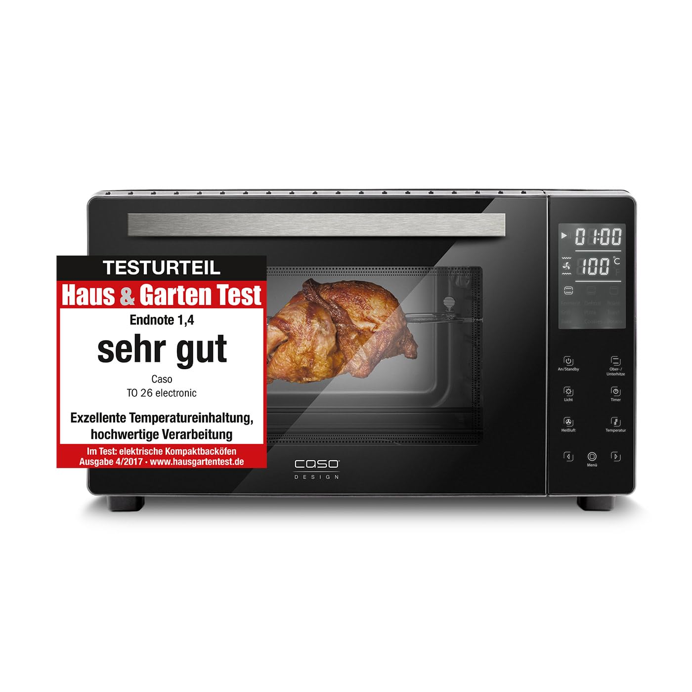 CASO TO26 Design Backofen Heißluft Drehspieß mit Motor Ober- und Unterhitze Mini-Backofen inkl. Pizzastein