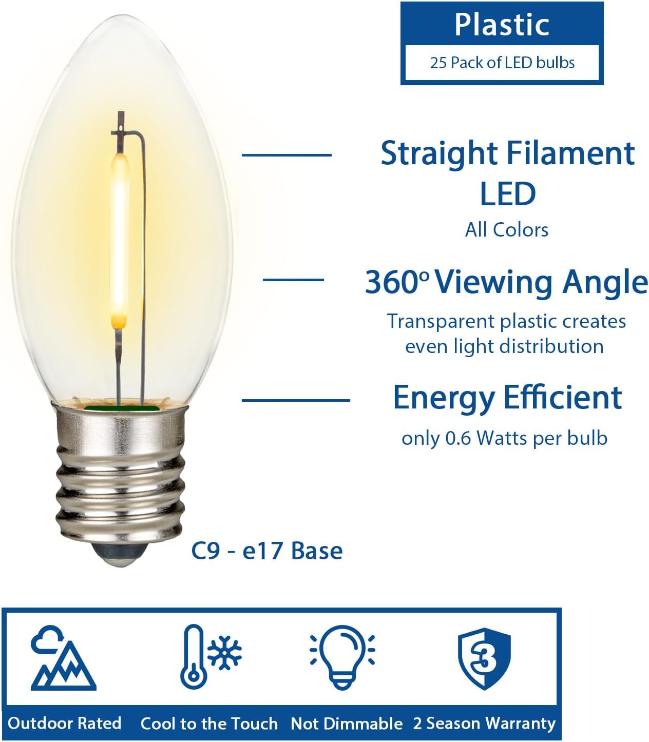 Novelty Lights 25 Pack C9 LED Filament Bulbs, Warm White Shatterproof Plastic Replacement Christmas Lights, E17 Base for Indoor/Outdoor Strings, Dimmable, 0.6W 10,000 Hour Life