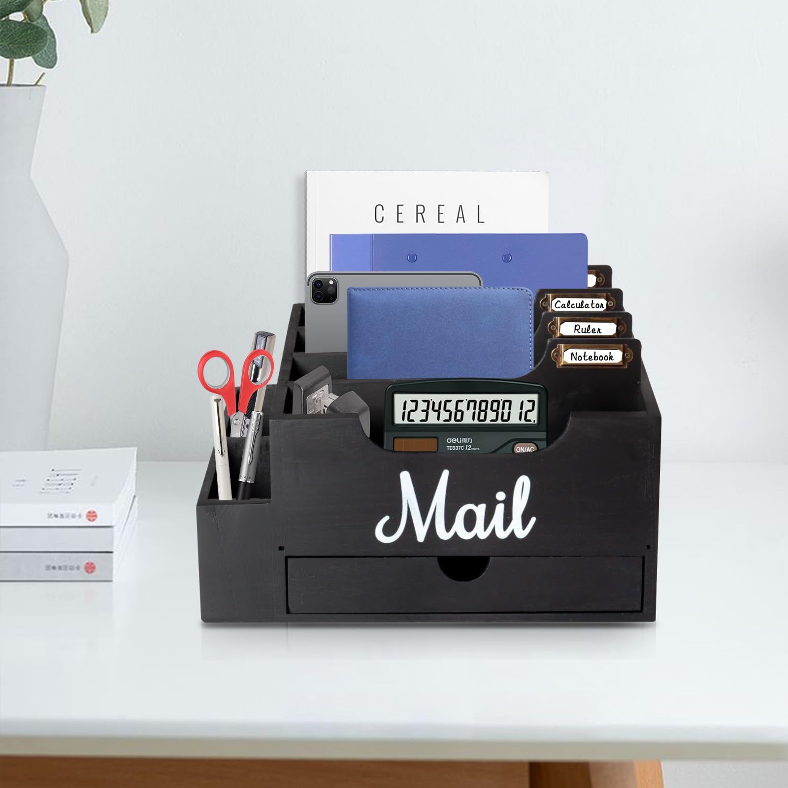 Organizzatore di Posta da Scrivania in Legno con 6 scomparti e cassetto, Organizzatore per Cartelle di Carta e Lettere, Organizer per Cartelle per Scrivania per Lettere Cancelleria, Nero