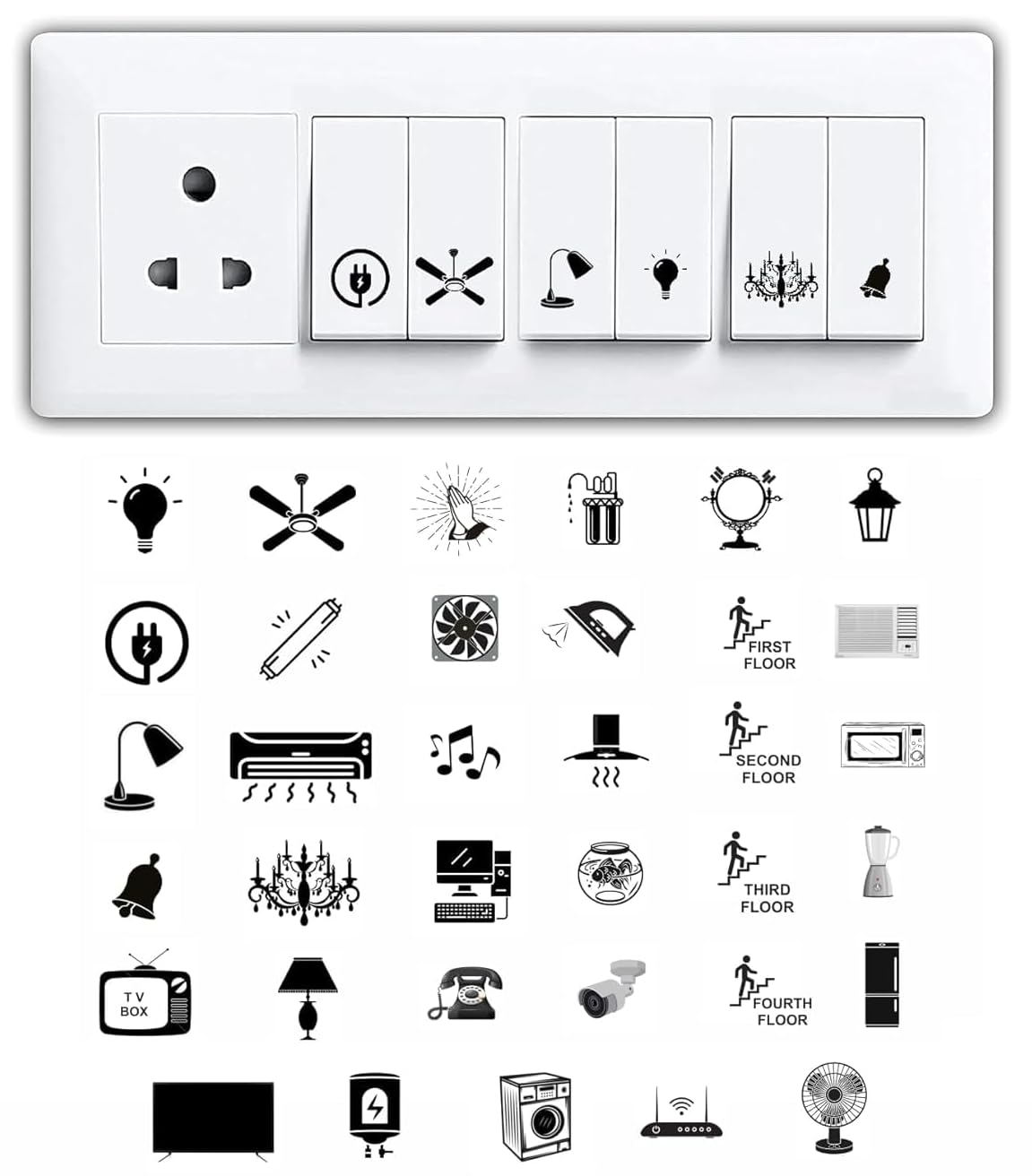SHUTTLE ART Transparent Switch Stickers for White Switchboard Switches A4 Sheet Stickers for Home Office Electric Board Appliances Fan tubelight Lamp AC Stickers etc - 35 Designs 495 Stickers