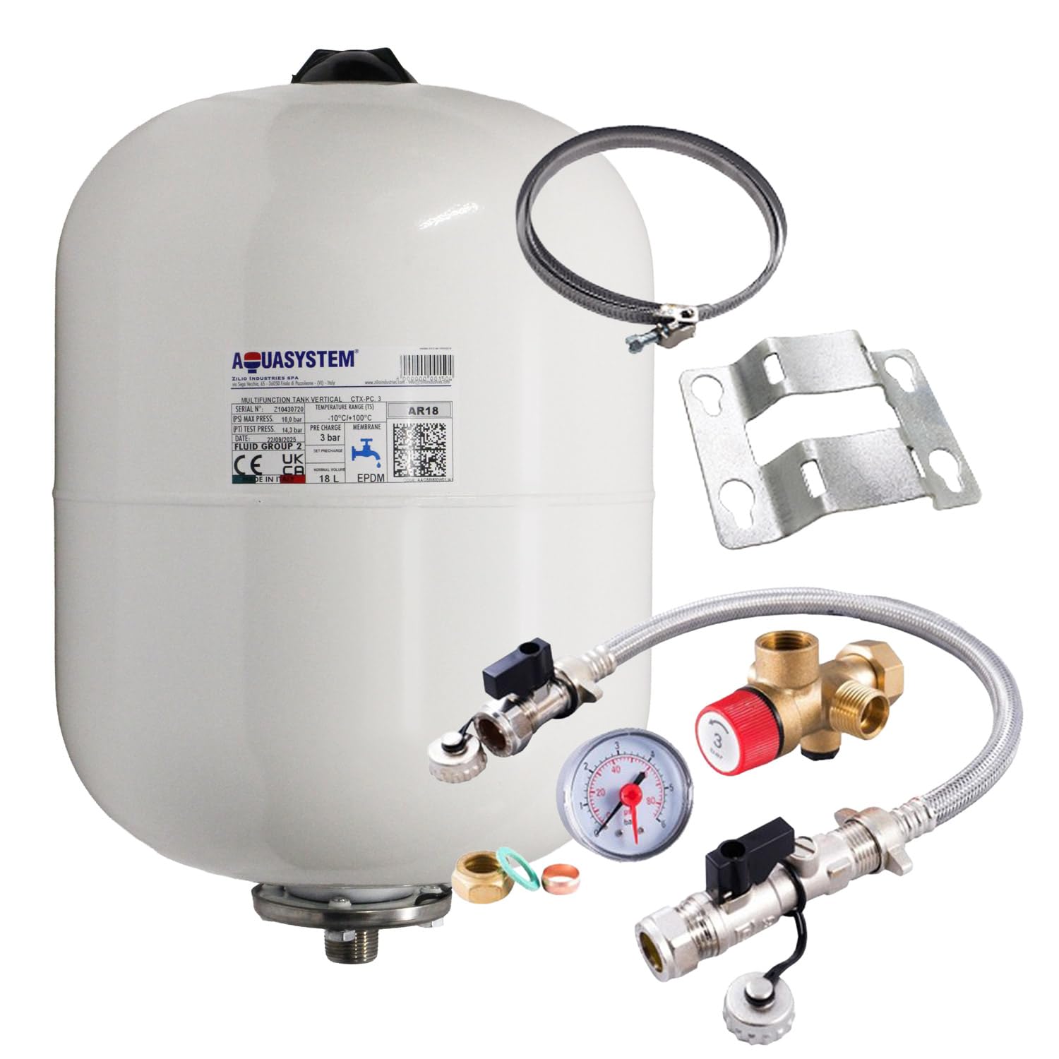Unvented Components Europe Men's White Reliance – Aquasystem Ar18 18 Litre Potable Expansion Vessel Xves050050 (4 Variations) (Vessel With Bracket & Sealed System Kit)