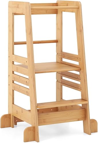 Costzon Torre para niños pequeños, taburete de cocina ajustable para niños con riel de seguridad, torre de pie de bambú para niños, taburete de