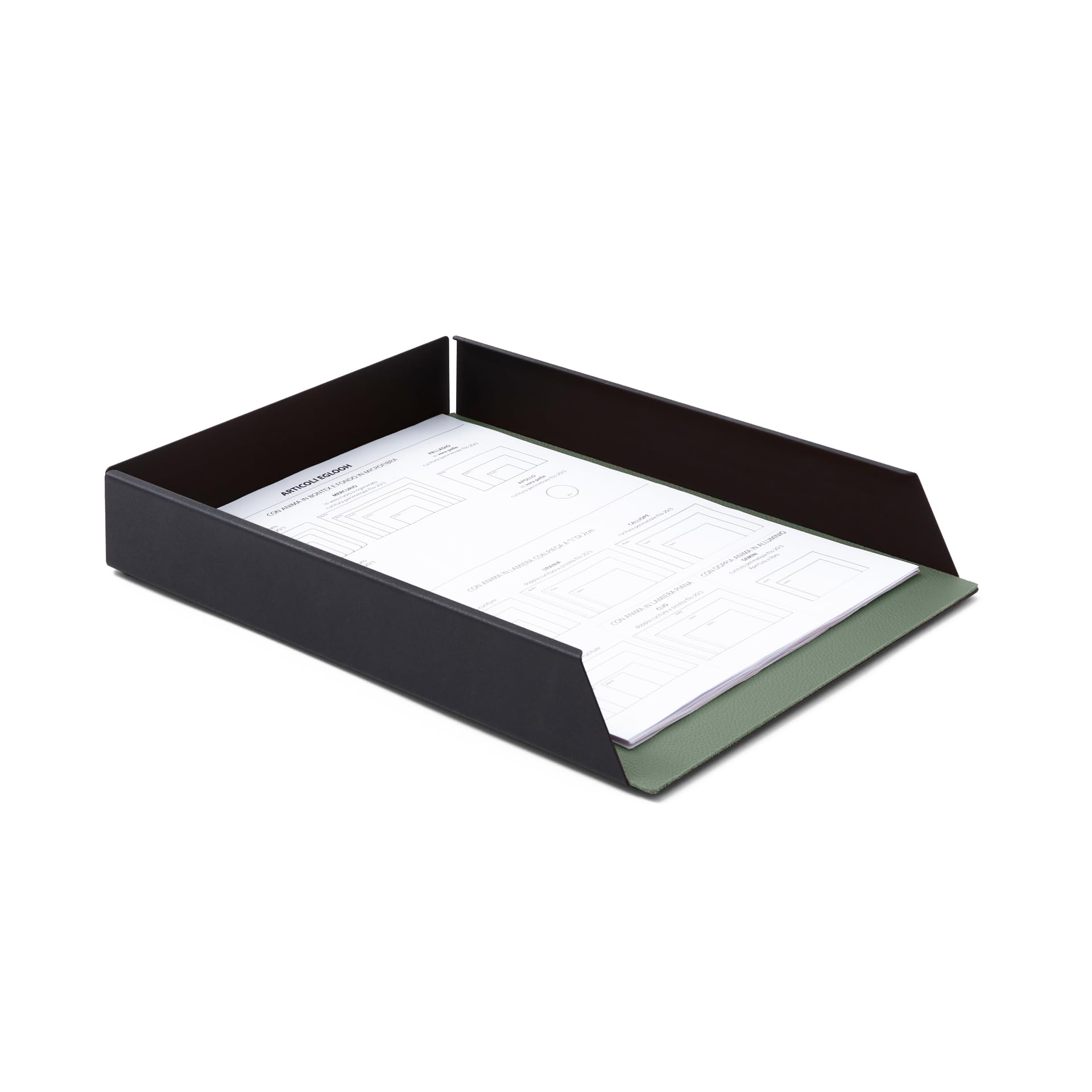 Eglooh - Dafne - Porta Documenti Impilabile in Acciaio Nero Opaco - Fondo Interno in Vera Pelle Verde Salvia - Vaschetta Portadocumenti A4 - cm 32,5 x 24,2 x H.5 - Made in Italy