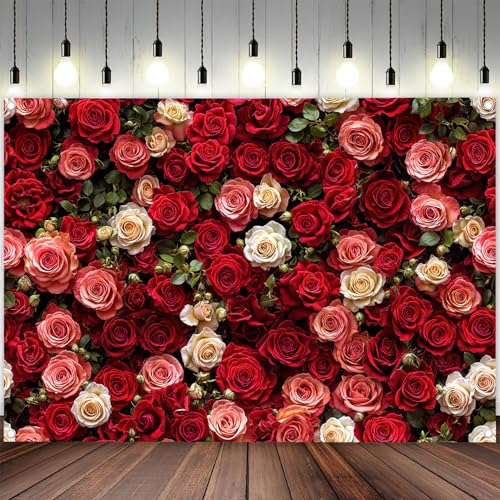 Red Roses Backdrop Wall Banner Rose Background for Photography Valentines Day Backdrop Wedding Photo Booth Girls Birthday Bridal Shower Party Banner Lovers Portraits Video Props Wallpaper, 5X3Ft