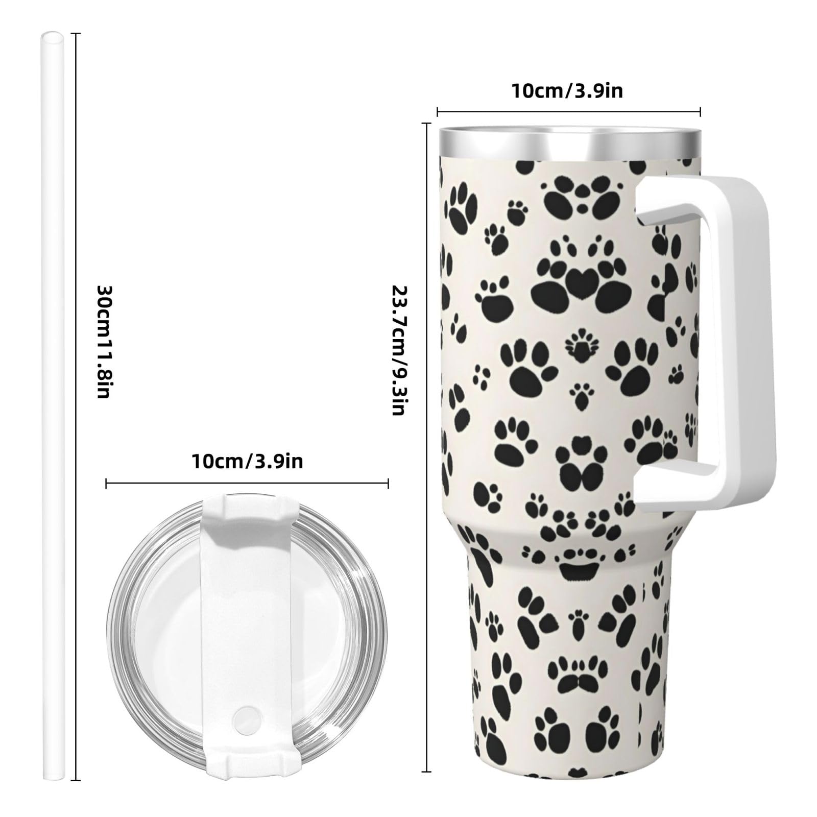 Doppelwandige isolierte Wasserflasche mit Griff und Strohhalm-Deckel, Edelstahl, Knochen- und Pfotenabdruck, 1,2 l