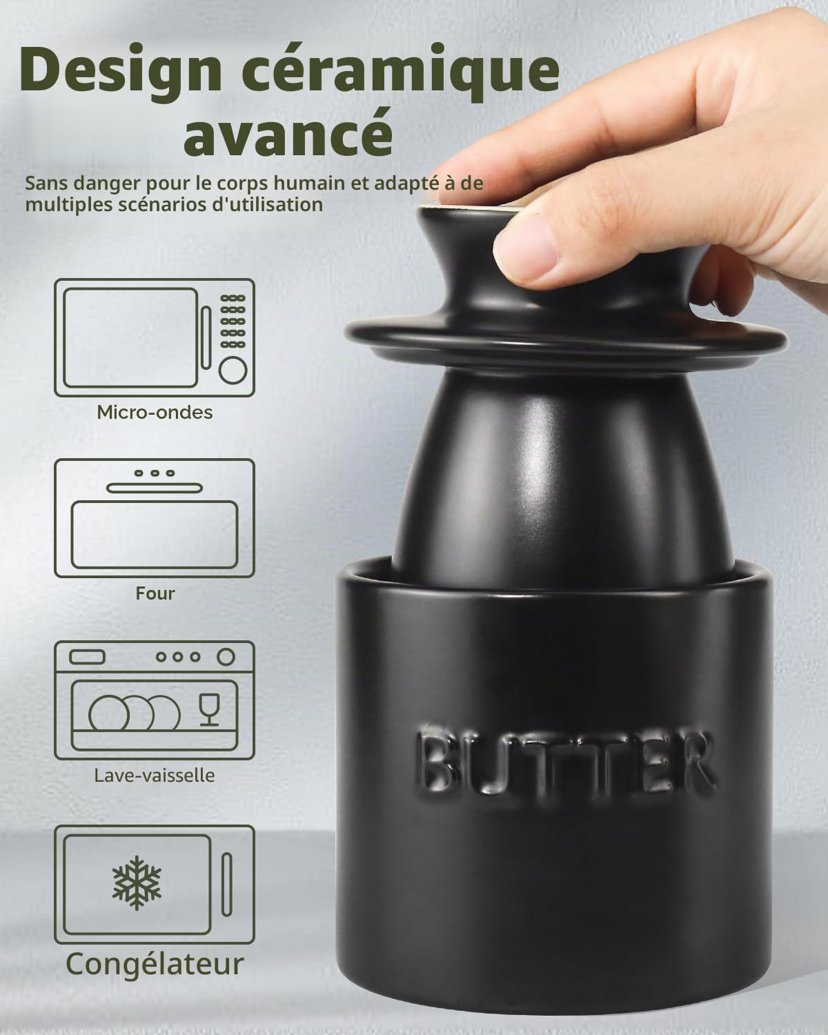 Beurrier avec Couvercle, Beurrier Français en Céramique, avec Ligne d'eau, Pour Beurre Doux (Noir)