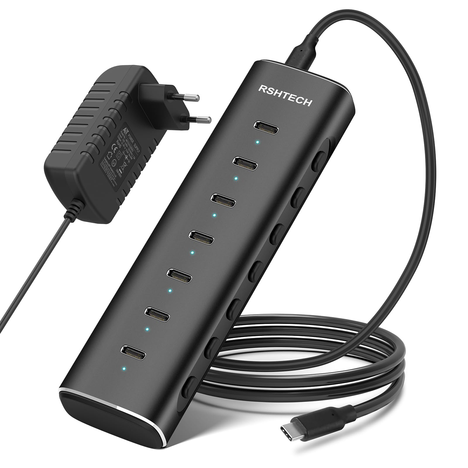 RSHTECH Hub USB C Alimentato, Hub USB 3.2 a 7 Porte in Alluminio con Alimentatore 36W 12V/3A e Cavo 1m per Notebook/PC Desktop Dotati di Porte USB-C e Thunderbolt, RSH-H7C