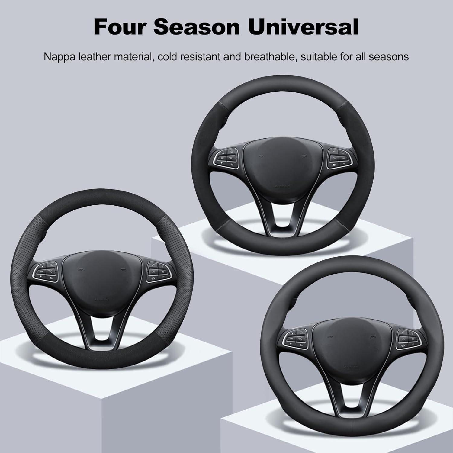 Ergocar Steering Wheel Cover Nappa Leather Ultra-Fine Fiber D-Type Durable, Non Slip, Comfortable Grip, Breathable, Men's and Women's Car Interior All Season Universal (15 Inches) 38 Cm