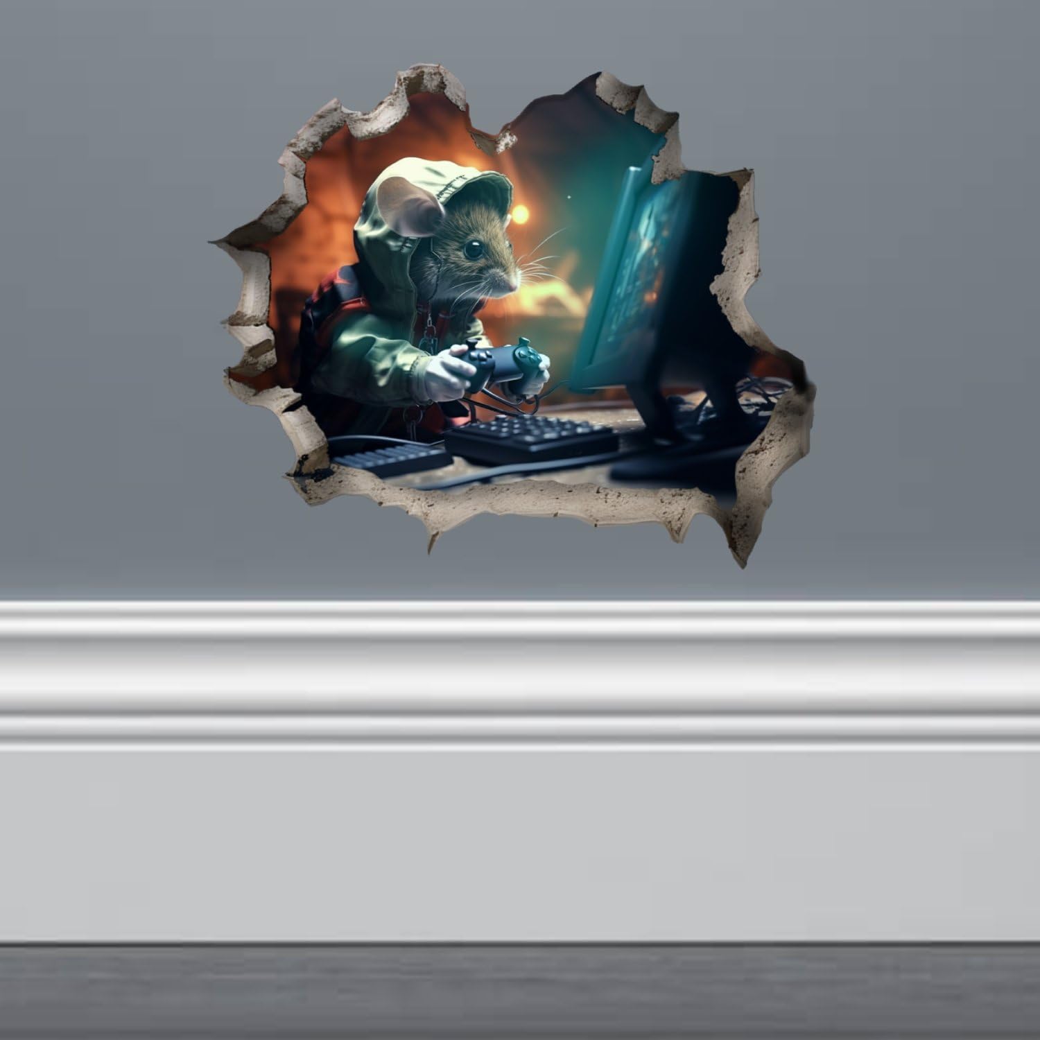 Mouse Playing Video Games Hole in Wall Sticker - Funny Hole in Wall 3D Peel and Stick Sticker Decal for Teen Dorm - Premium Quality Vinyl Stickers 2-