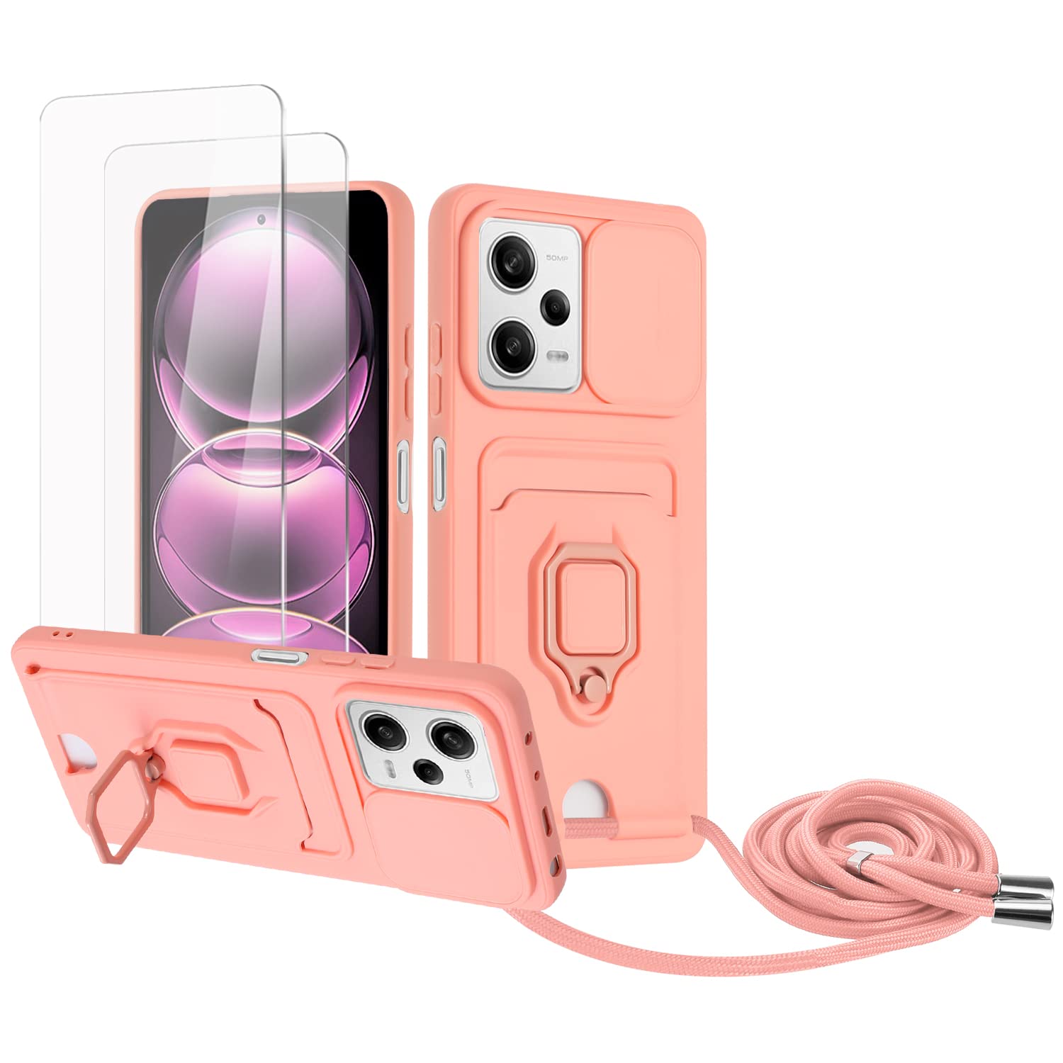 Zallagre Funda con Cuerda Compatible con Redmi Note 13 Pro 5G,[2 Packs Cristal Templado],Ranura para Tarjetas,Cubierta de Cámara Deslizante Proteger,360 Anillo Soporte-Morado — view 31