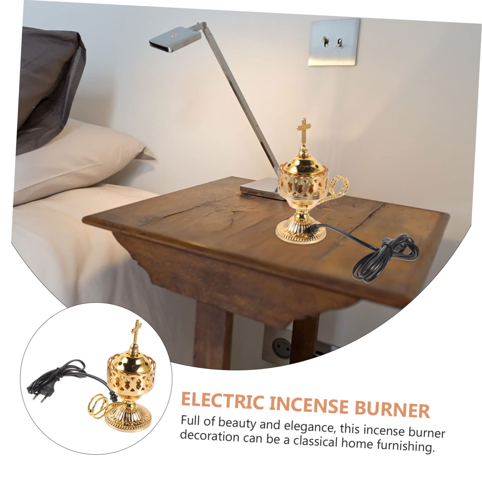 Garneck Quemador de Incienso Eléctrico Enchufe EU 220v de Hierro Dorado Elegante y Duradero Estilo Medio Oriente para Ambiente del Hogar Adecuado para Fiestas