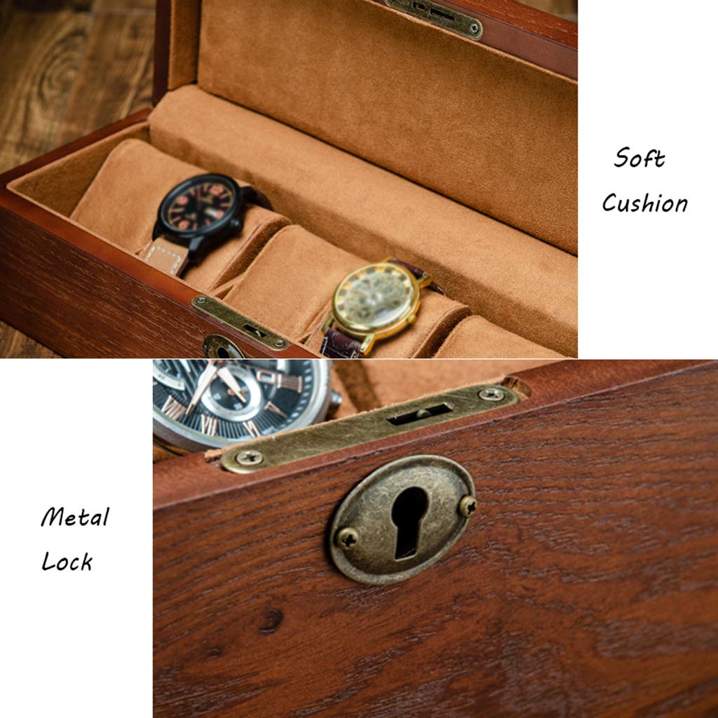 Caja de reloj de madera para hombres, mujeres, 6 ranuras, joyería, pulsera, exhibición, caja de almacenamiento, organizador de escaparate con almohadas suaves y cerradura de metal con cerradura
