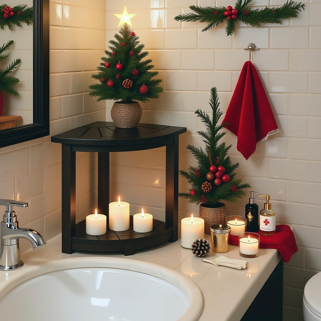 VICTORY RELAX Acacia Wood Corner Shower Stool - Waterproof Triangular Bathroom Bench with Storage Shelf & Soap Dish for Shaving, Black Wood (17.9x12.7x16.5)