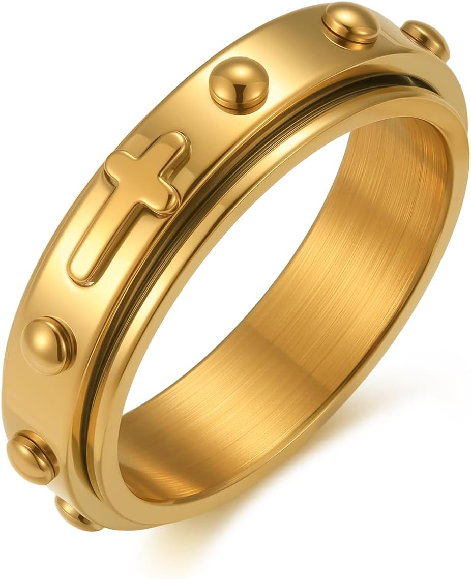 6mm Spinner Ring for Anxiety Relief Fidget with Rosary Beads Cross Lord Prayer Silver/Black/Gold/Rose Gold Stainless Steel Ring