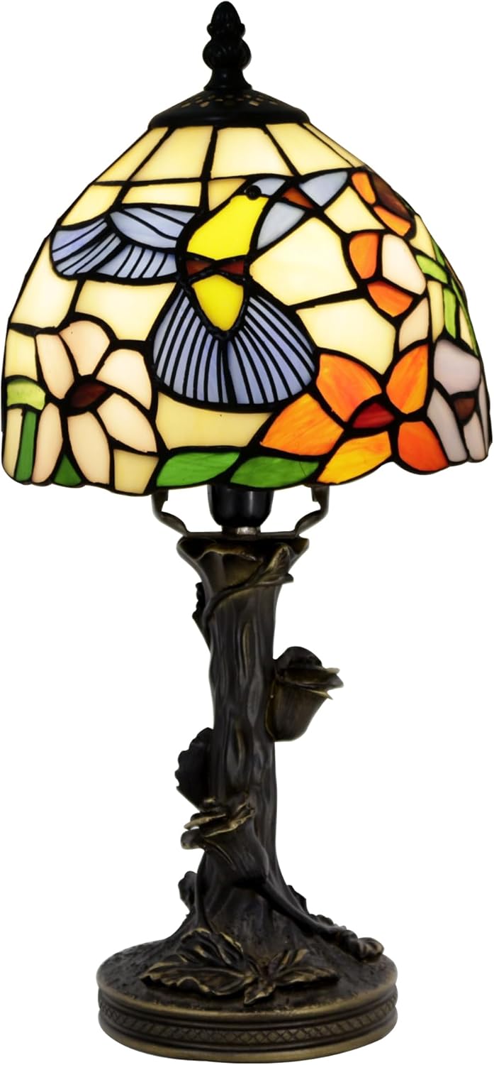 Small Tiffany Table Lamp Stained Glass Desk Lamp Hummingbird Style Bedside Desk Light Mini Accent Memory Lamp 8X15 Inch