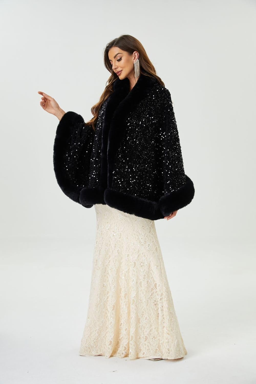 Datangep Women Fashion Sequins Faux Fur Wraps Shawls Stoles Cape for Prom Evening Party dress Outwear Coat - Image 9