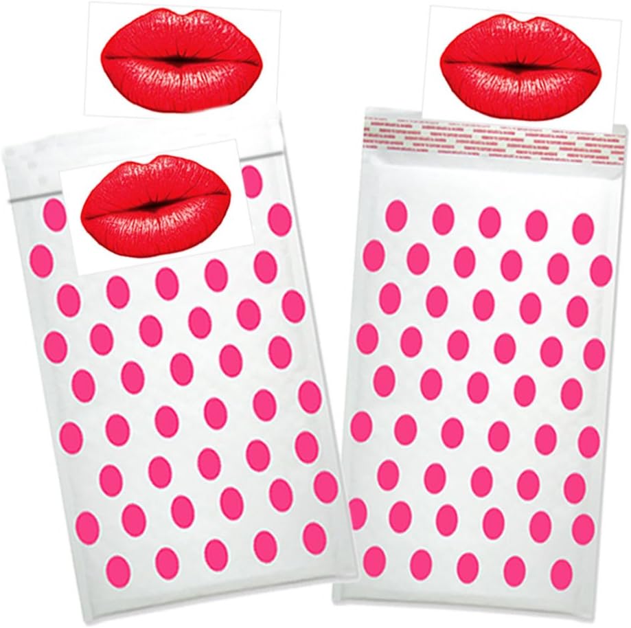 4x8 Hot Pink, Aqua, Pink Polka Dot Kraft Bubble Mailers, Self Sealing With Kissy Lip Stickers, Padded Shipping Envelopes, Pack of 50 (Pink Polka Dot)