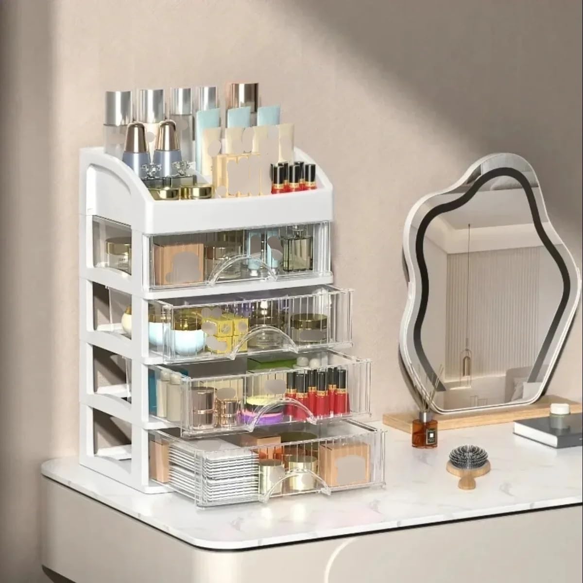 Schminktisch Organizer Aufbewahrungsbox Desktop-Aufbewahrungsschublade Mehrschichtiger Schrank Kosmetikorganisatoren(White-three)