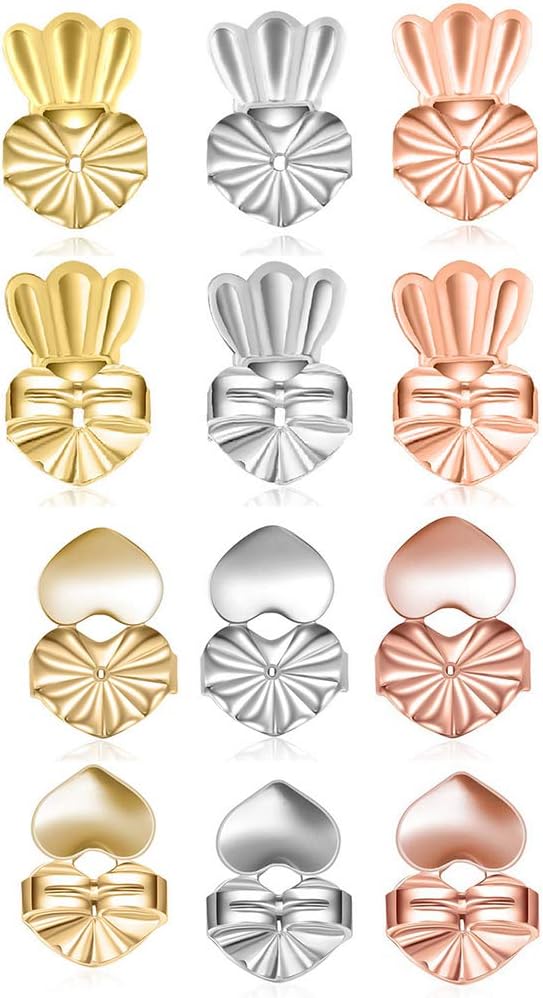 TQsuen Original Magic Earring Lifters, 6 Pairs Magic Backs for Earrings Adjustable Secure Earring Lifts Safety Drooping Earring Backs for Ear Lobe Lifter (2 Silver/ 2 Gold/ 2 Rose Gold) Style 1