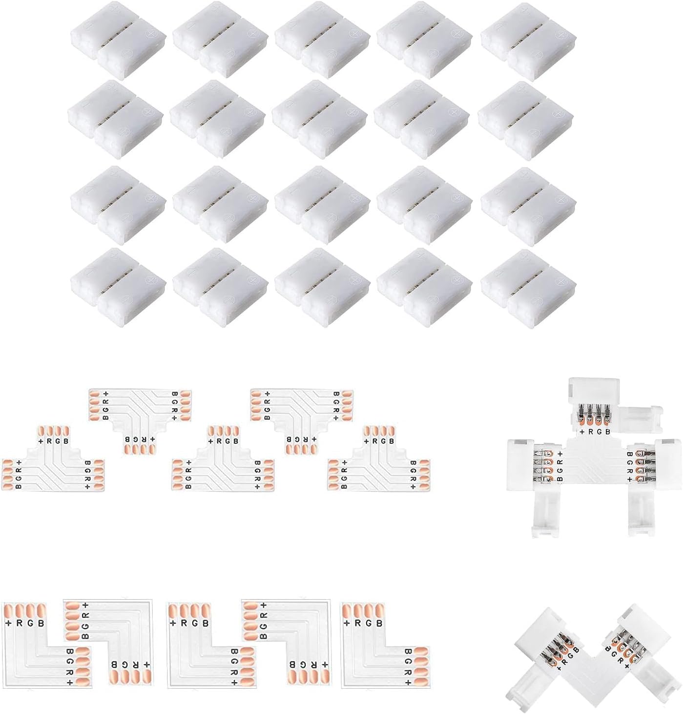Amefil LED Strip Connectors - 4 Pin Solderless Gapless RGB L Splitter Right Angle & T-Shape Connectors for RGB 3528 2835 Multicolor LED Strip Lights