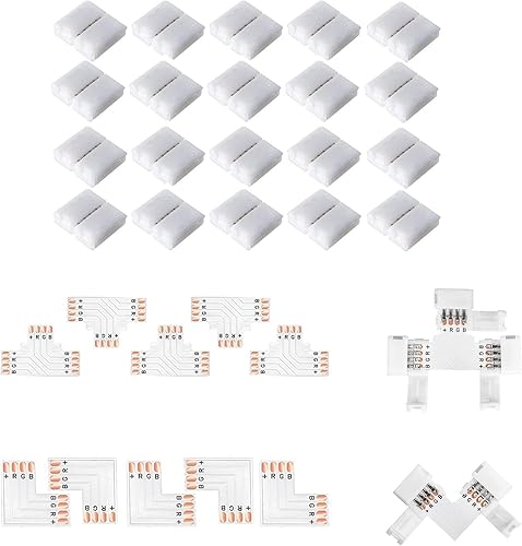 Conectores de tira LED de 4 pines sin soldadura, conector sin huecos de 0.315 in de ancho, conector de ángulo recto RGB L conector en forma de T