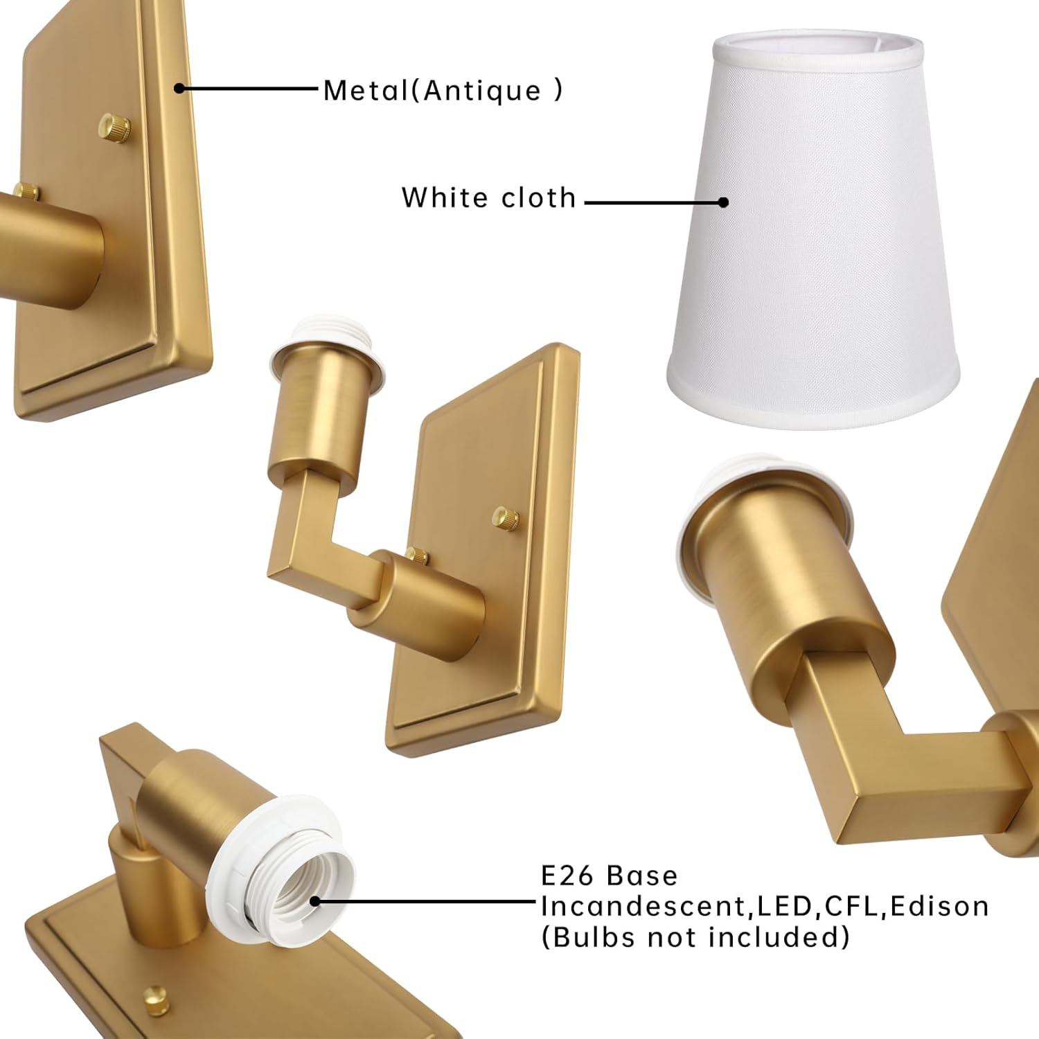 Wall Sconce 1-Light Fixture Antique Finish with White Fabric Shade, E26 Hardwired Indoor Wall Light for Vanity Bathroom Living Room Bedside Nightstand Light
