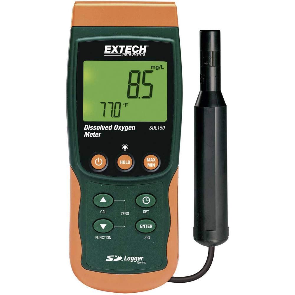 Extech SDL150 Misuratore Ossigeno Disciolto, Registratore Scheda SD | Ossigeno disciolto 0-20mg/L e 0-100%, temp 32-122F, ATC, registro Excel SD, LCD doppio retroill.