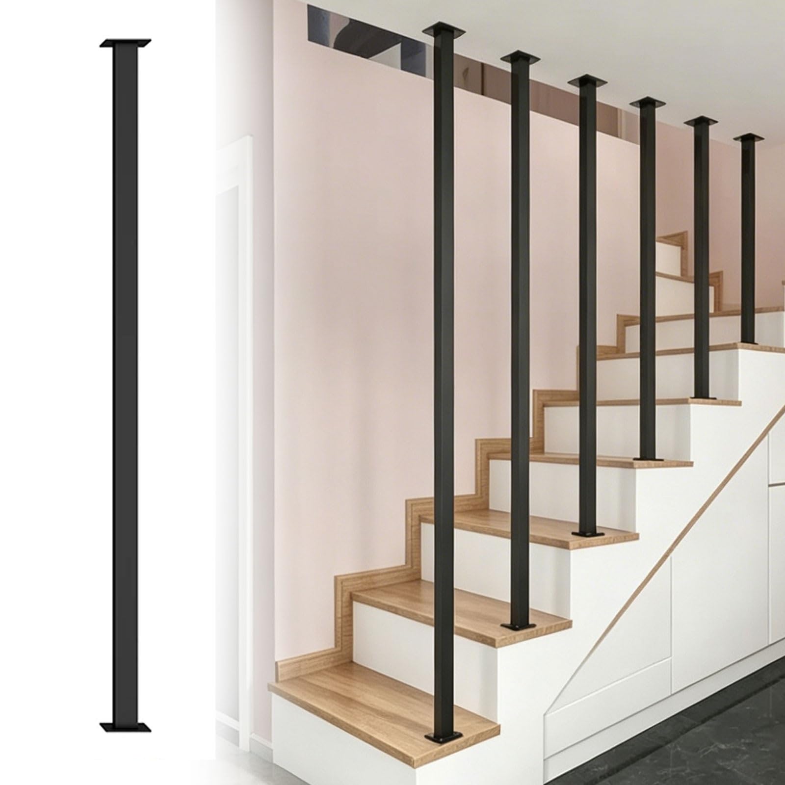 Barandillas metálicas personalizables para escaleras con montaje en suelo | Pasamanos de pared con kit de tornillos y soporte ajustable antideslizante para terrazas, balcones(Negro,4.4FT)
