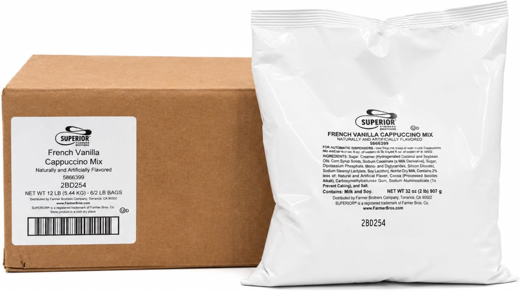 Superior French Vanilla Cappuccino Mix (6 bags/2 lbs each) | Rich, creamy froth, hot or cold, commercial dispensers, frozen drinks, vanilla flavor, 6 bags, 12 lb total