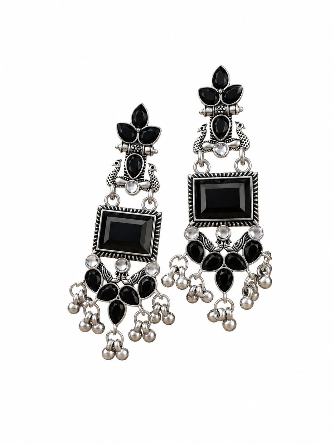 Oxidized Silver Black Stone Chandelier Earrings for Women | Antique German Silver Afghani Dangle Drop Earrings with Peacock Design & Ghungroo Tassel | Ethnic Boho Tribal Jewellery | Traditional Jhumka Style-image-34