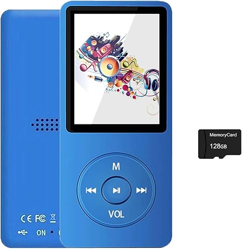 Reproductor MP3 de 128 GB con Bluetooth 5.2, reproductor de música azul portátil para niños con altavoz HD integrado, radio FM, grabadora de voz,
