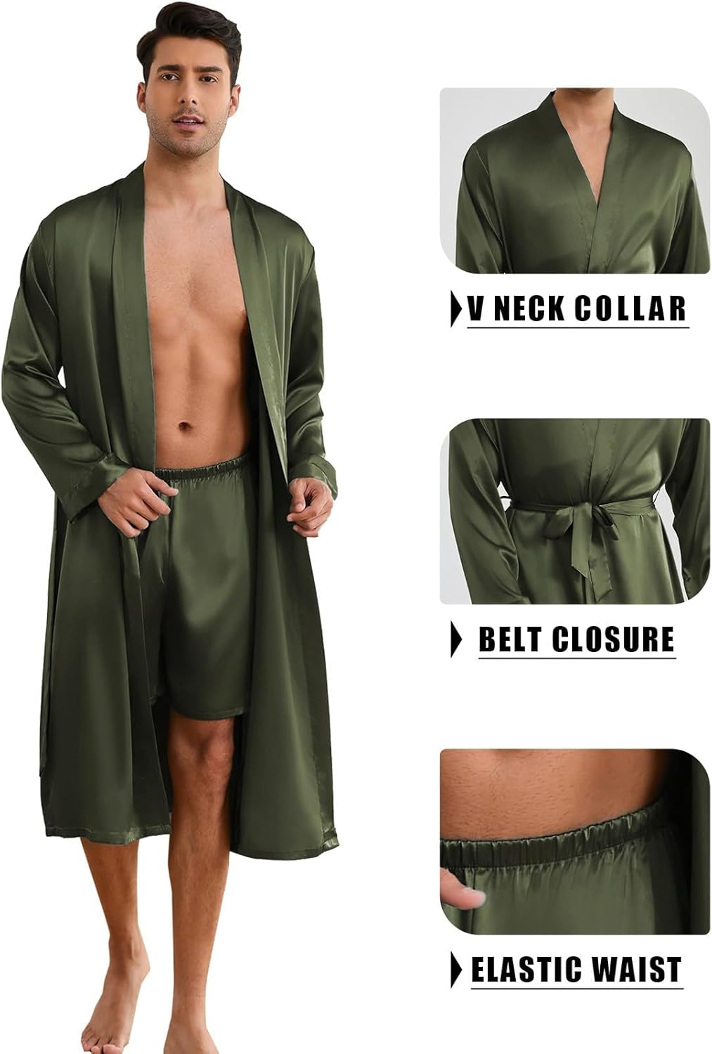 ZUEVI Men's Kimono Robe Set Silk Satin Long Sleeve Bathrobe with Shorts 2 PCS Sleepwear Pjs Sets - Image 5