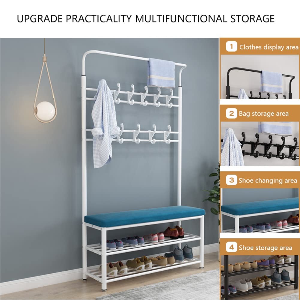 Elegancki wieszak na ubrania 4 w 1 z miejscem do przechowywania butów, solidny metalowy nizer wejściowy z haczykami, industrialny design, stylowy i funkcjonalny futerko do przedpokoju, idealny do