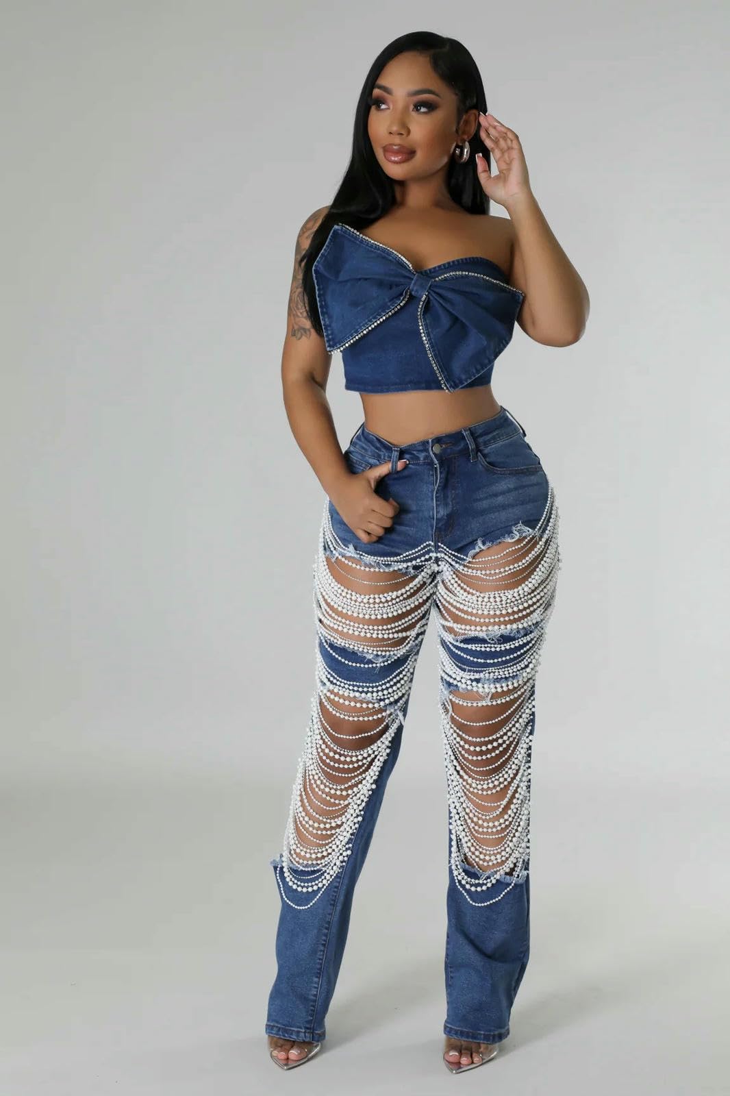 Dżinsy damskie Hot Girl Ripped Jeans, spodnie ze stretchem z ciężkimi koralikami