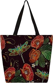 Sacola de lona para mulheres animal libélula papoula sacolas grandes para homens com bolsos sacolas de compras resistentes reutilizáveis sacolas de compras, bolsa de ombro casual para escola, trabalho, praia, Multicor