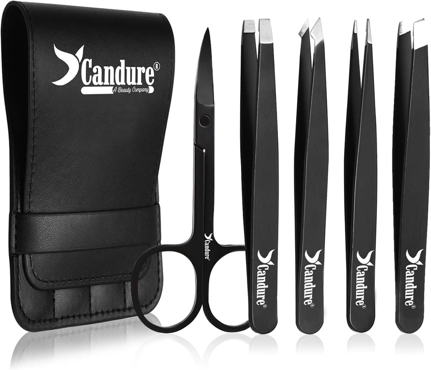 Candure Tweezers for Eyebrows - Professional Stainless Steel Slanted and Pointed Tip Hair Tweezers Set for Ingrown Hair, Blackhead Removal, Eyebrows Plucking Beauty Tool for Women (Black-5pc)
