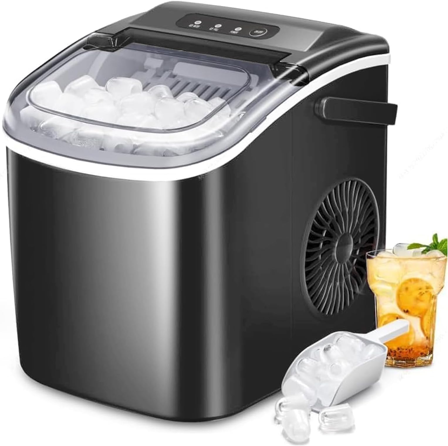 Kismile Portable Countertop Ice Maker,26Lbs/24H,9 Cubes in 7 Mins, Self-Cleaning Machine with Handle, with Ice Scoop and Basket, for Home/Office/Kitchen/Party(Black)