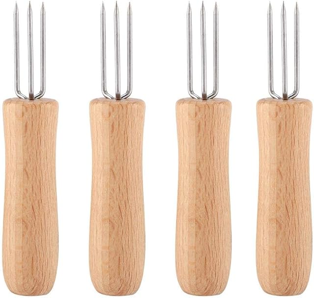 Yosoo 4 pieces of corn cob holders, small skewers corn cob holders wooden handle stainless steel BBQ meat fruit forks grill corn cob holders for home cooking and BBQ