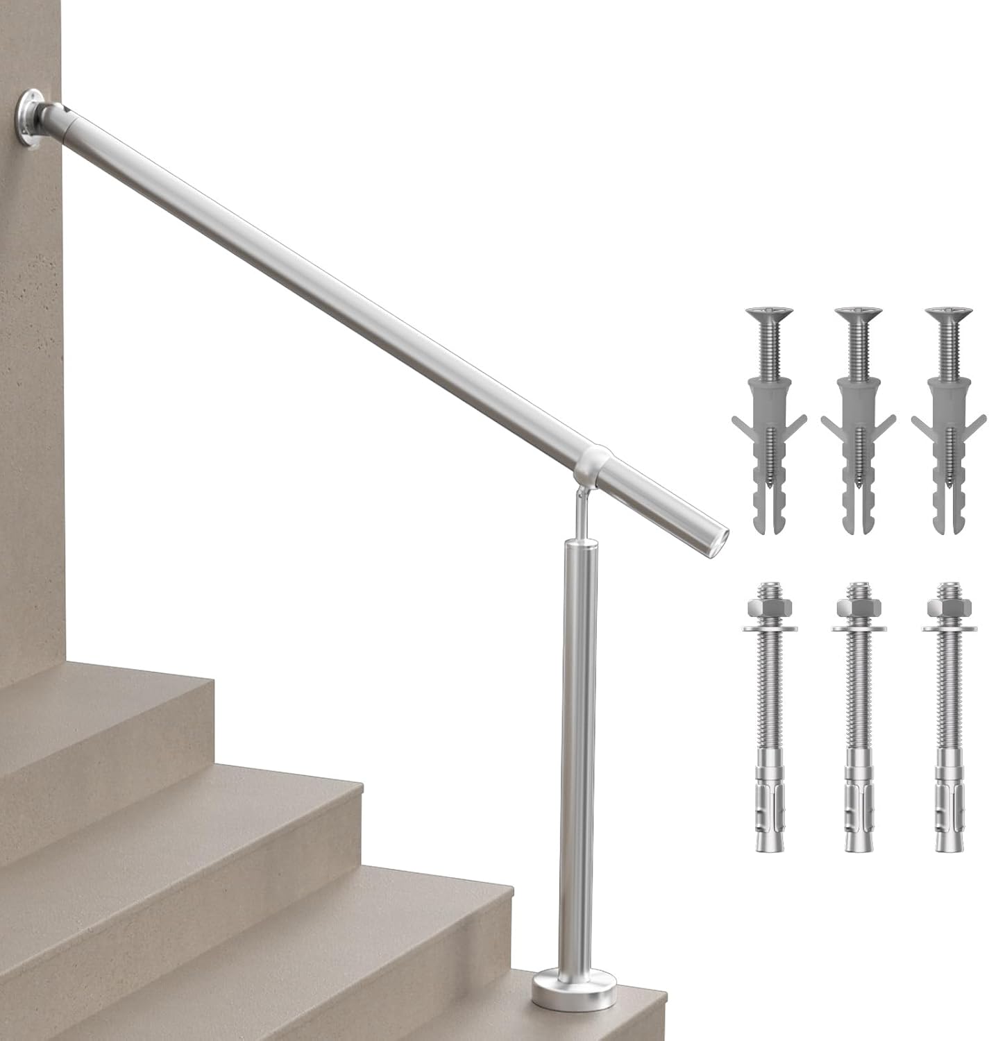Hand Rails for Steps, 4 Step Stainless Steel 304 Single Post Stair Handrail Wall Mount, Indoor Outdoor Stair Railing Kit, Porch Safety Grab Rail Bar for Seniors