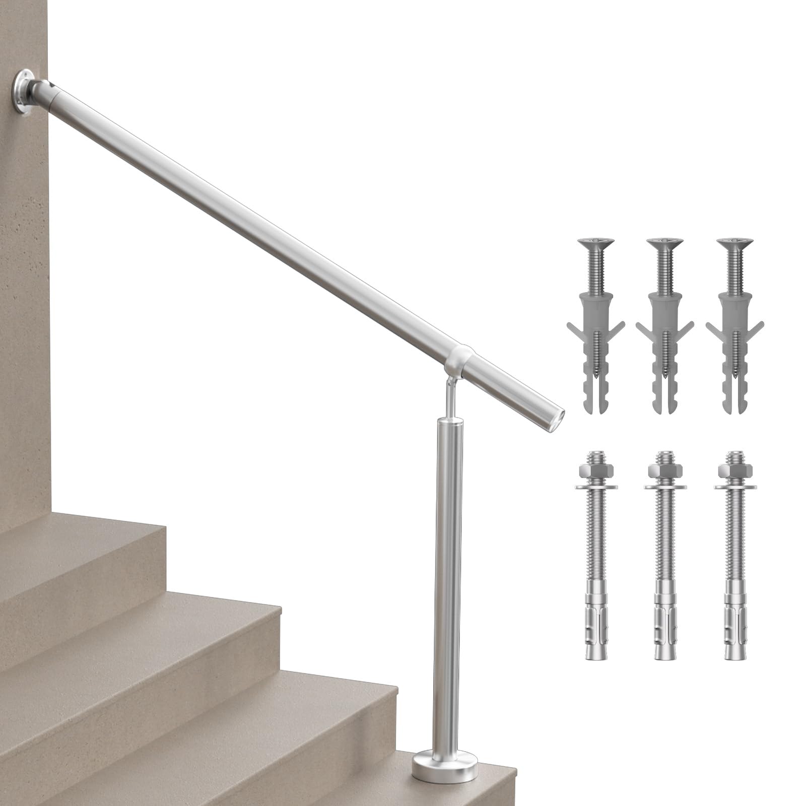Geländer für Treppen, 4 Stufen, Edelstahl 304, einseitig Wandmontage, Treppengeländer Set für Innen & Außen, Sicherheits-Haltegriff für Senioren, Balkon & Terrasse