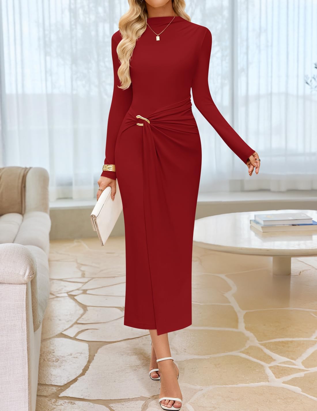 ZESICA Women's 2026 Spring Long Sleeve Bodycon Dress Mock Neck Wedding Guest Cocktail Party Long Midi Dresses - Image 2