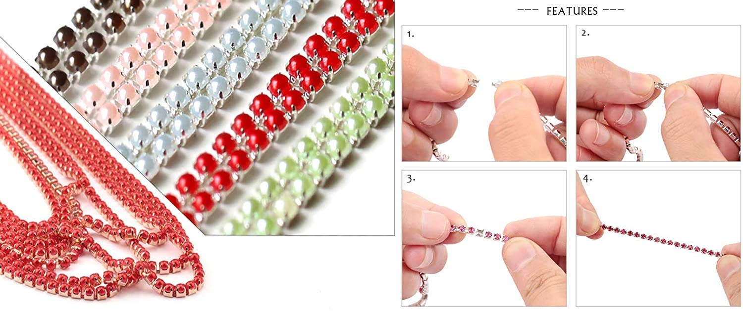 DIY Crafts 2 Yards, Red - Gold, Colour 2Yard/10/20Yards ABS SS6/2mm 9 Colors Pearl Copper Rhinestone Chain Base Cup Pearl Chain for Sewing DIY Gar(2 Yards, Red - Gold) 2