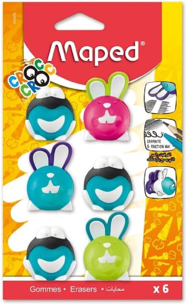 Maped - Set of 6 Fagged Frog and Rabbit Erasers - Eraser That Erases Different Types of Ink and Pencils - Fun Puzzle Eraser for Children