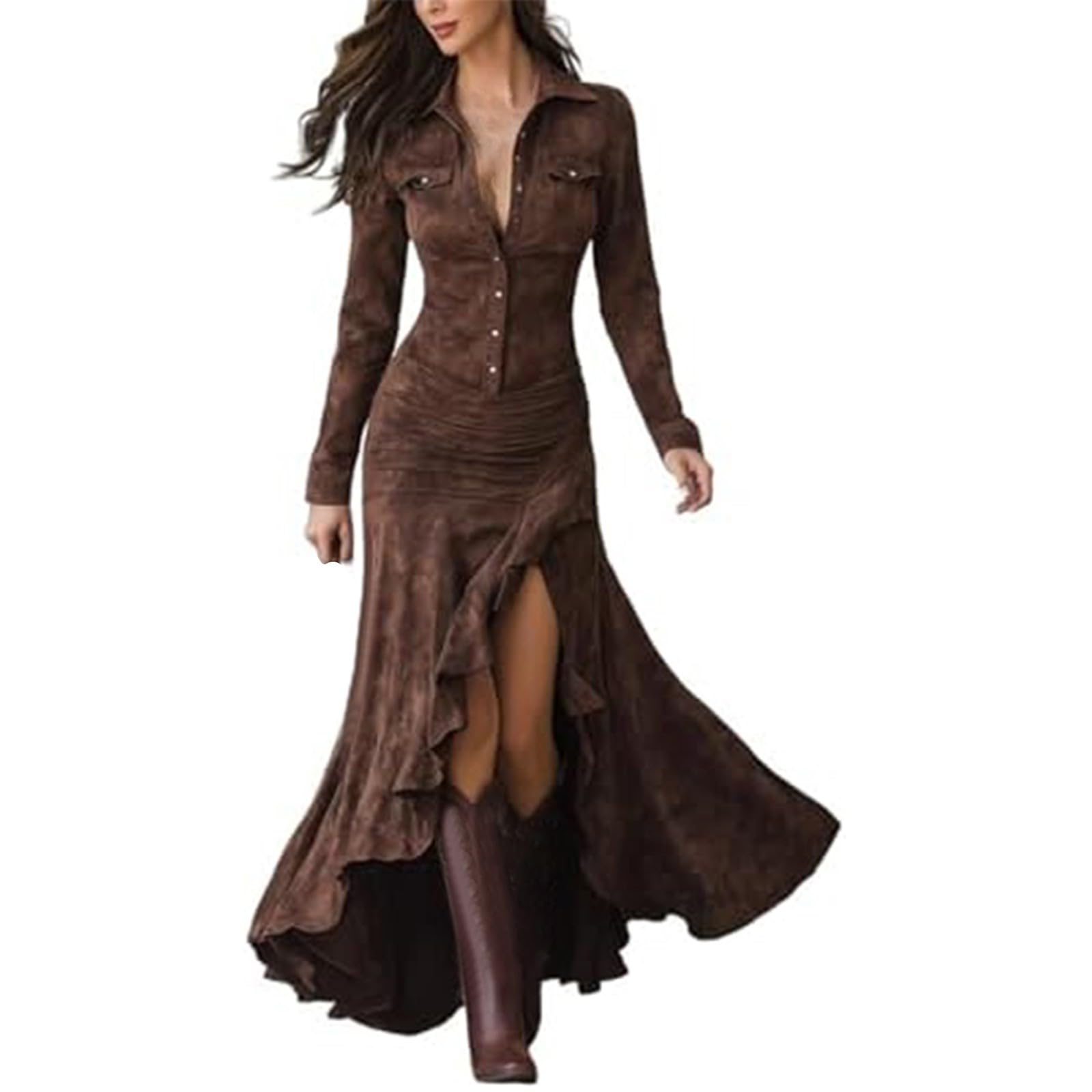 Brown Women's Vintage Western Cowboy Denim Dress - Floral Lace Trim Off Shoulder Flare Dress Halloween Costume 70S Inspired Prairie Outfit Country Party Dresses Ladies Cowgirl Retro Cosplay Wear