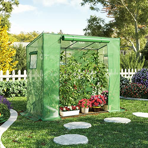 Foto von LARMNEE Tomaten Gewächshaus, Tomatenhaus, Foliengewächshaus, Tomatenzelt, 200 x 77,5 x 149/170 cm, Tomatengewächshaus Stabil, mit PE Gitterfolie und Fernster, Schrägdach, Grün EGN30GH02