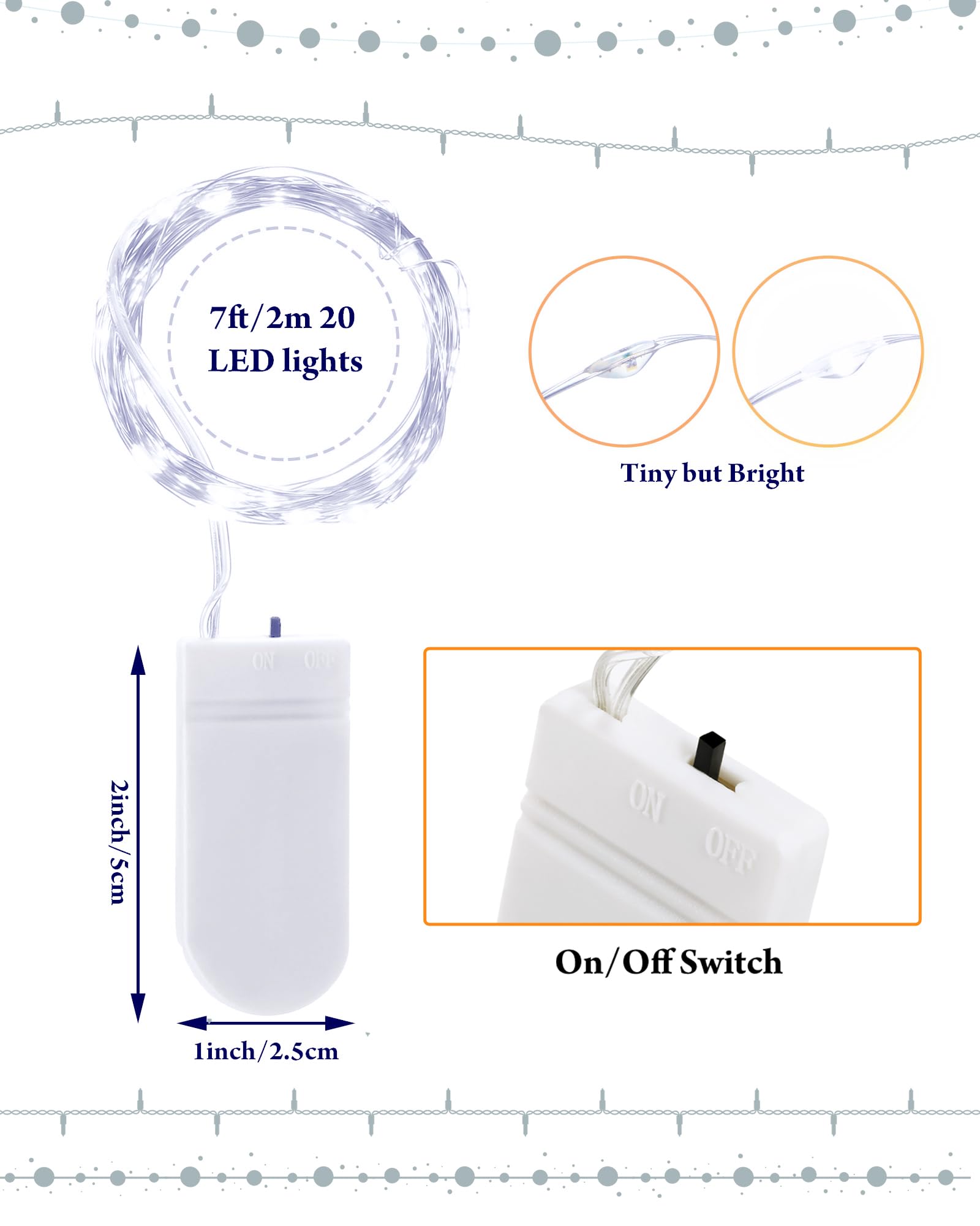 50 luces LED de hadas que funcionan con pilas, cadena de luces flexibles de 7 pies, 20 luces LED de hadas impermeables para decoraciones, bodas, dormitorios, fiestas (blanco frío)