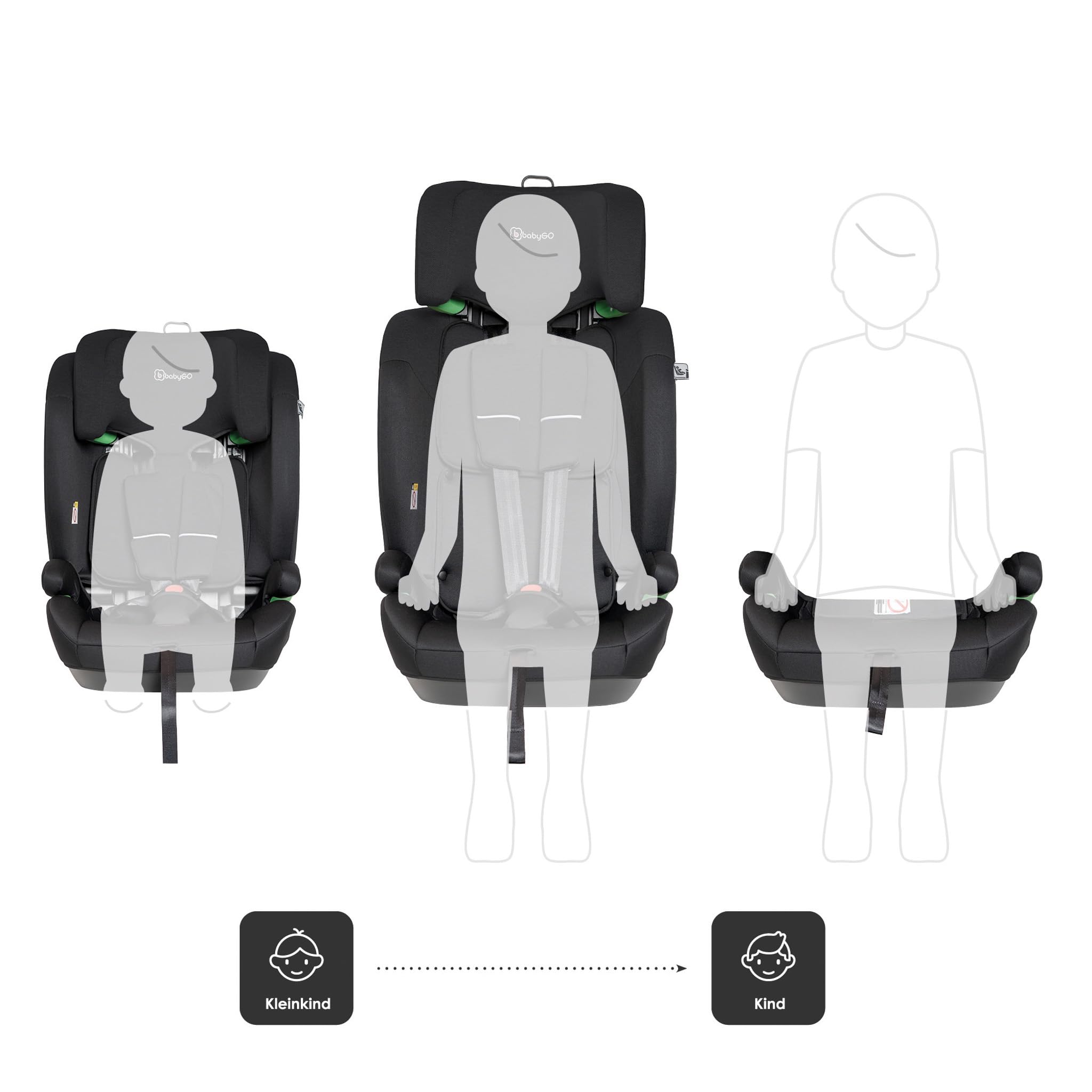 babyGO Lumo Kindersitz nach neuer I-Size Norm - Kindersitz/Autositz für Kinder (76-150 cm) Schwarz